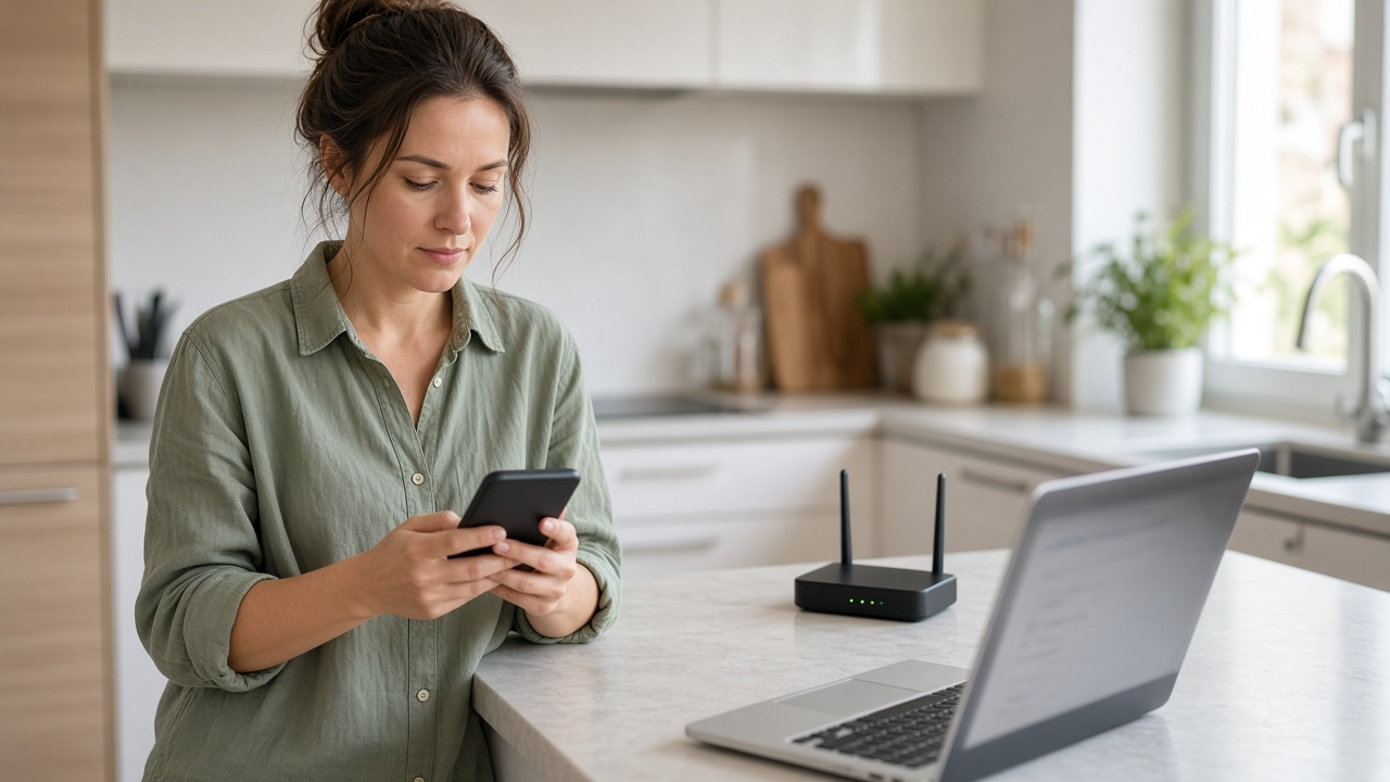 Person at a kitchen counter holding a smartphone next to a laptop showing a blurred billing page, home router nearby, soft daylight, no logos or readable text