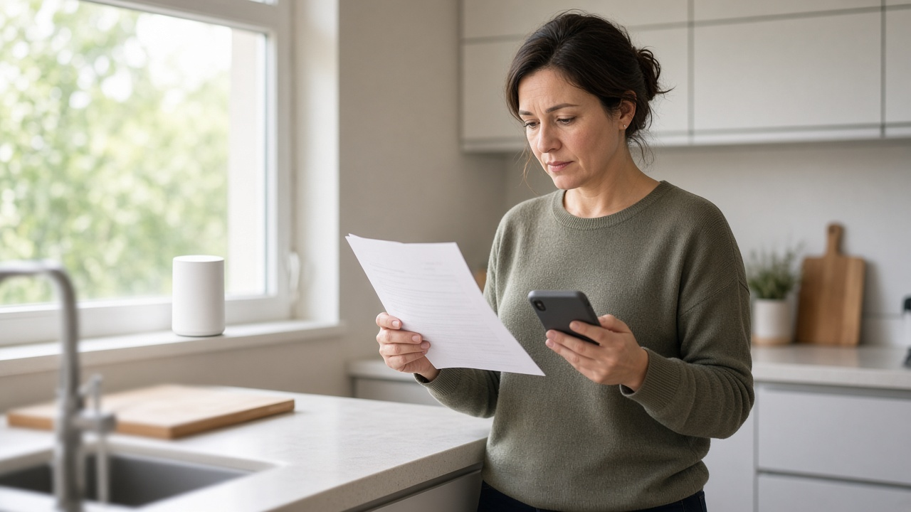 Person at a kitchen counter comparing a paper bill with a smartphone, a white 5G home internet gateway on the windowsill behind them
