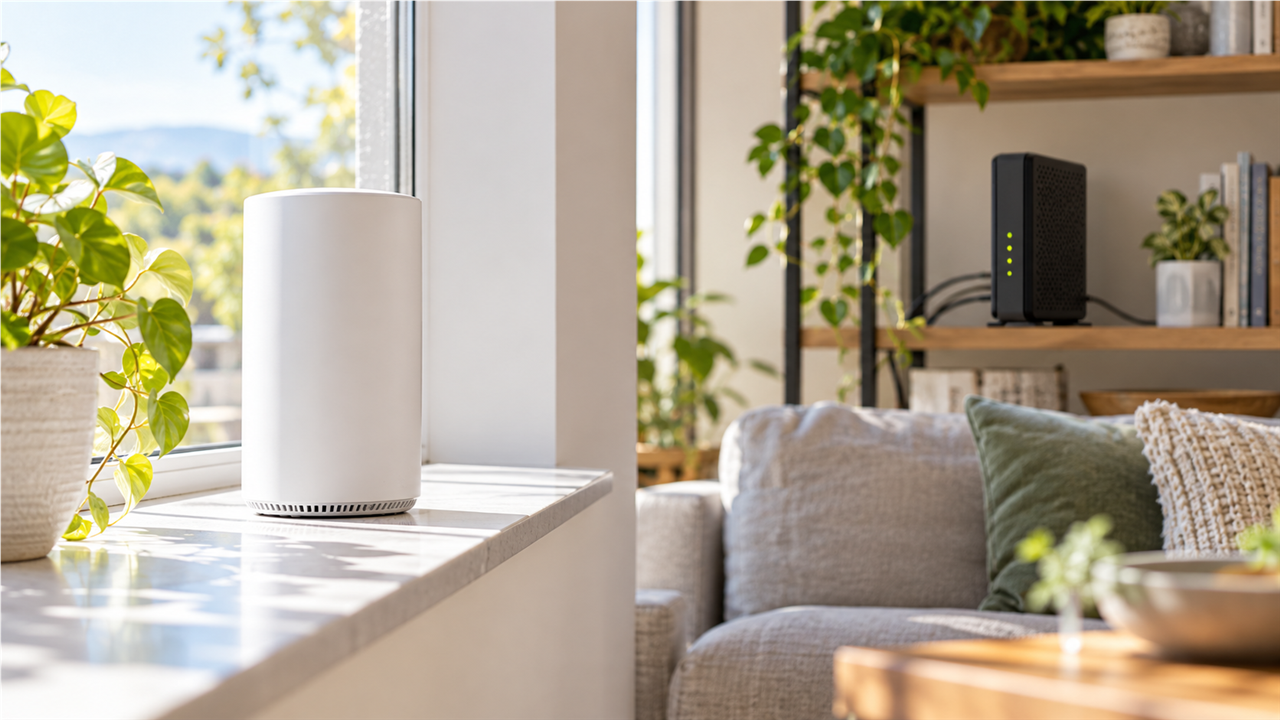 A 5G home internet gateway on a windowsill next to a cable modem on a shelf in a bright living room