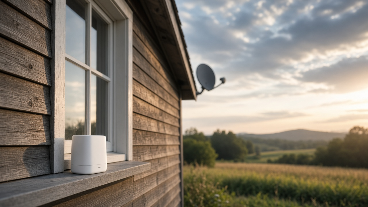 Rural house exterior with a 5G home gateway in a window and a satellite dish on the roofline in soft focus