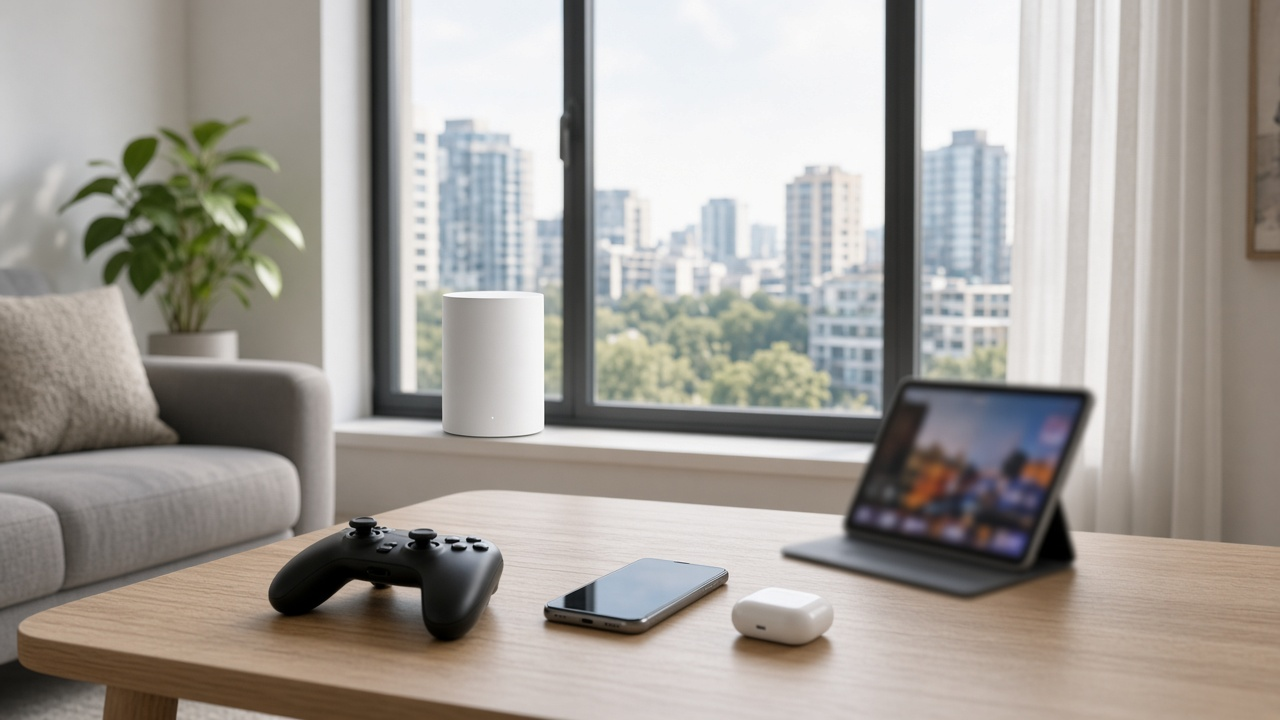 Smartphone on a kitchen counter beside a white cylindrical 5G home internet gateway near a sunny window, no logos or screen text