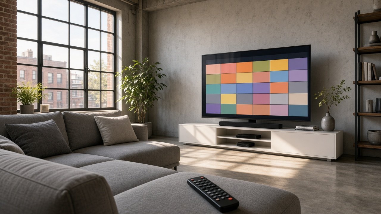 Wall-mounted smart TV in a cozy living room showing a colorful grid-style live TV guide, with a remote and popcorn on the coffee table