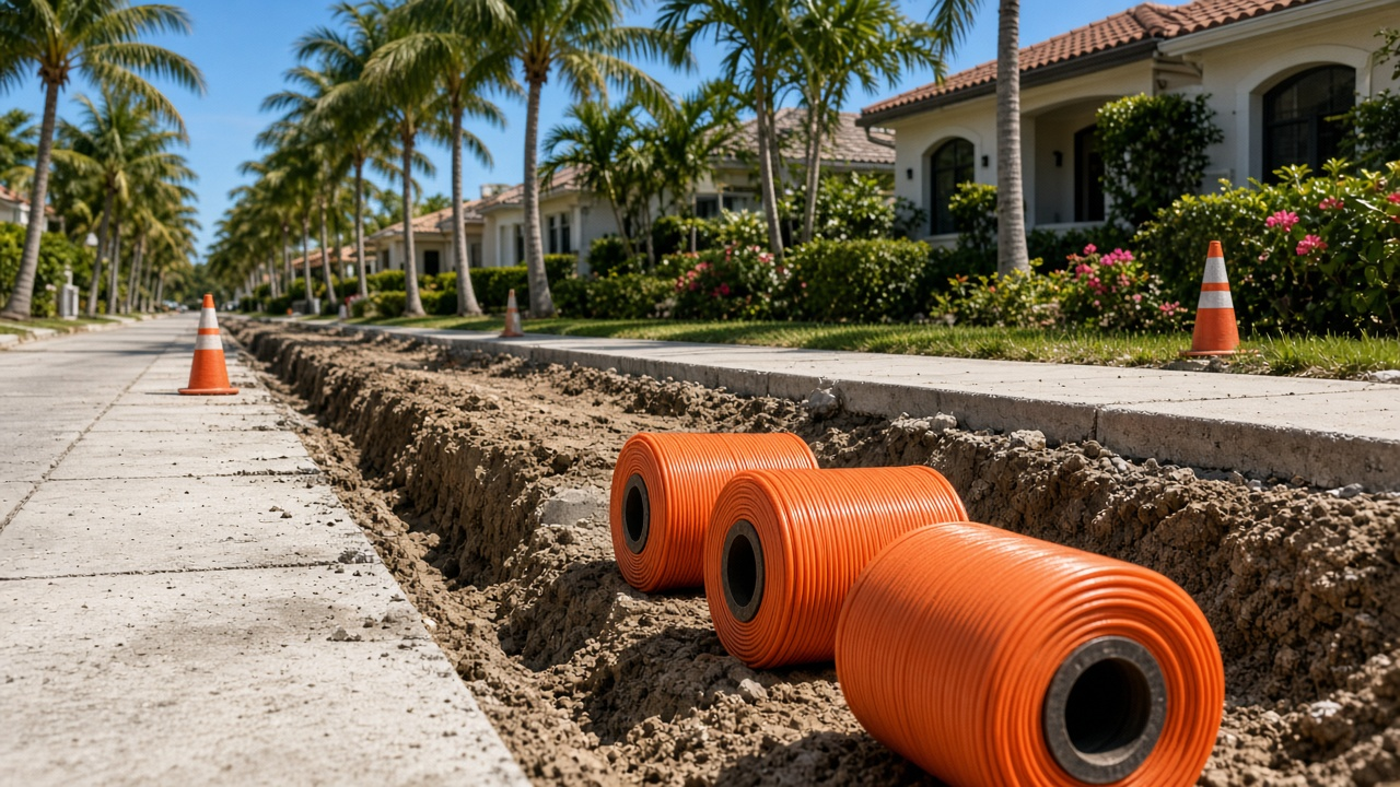 Spools of orange fiber conduit beside a trench on a sunny Florida street lined with palm trees