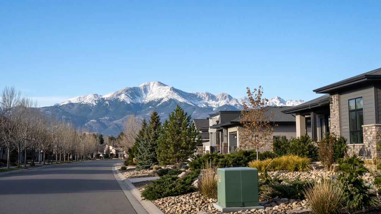 Colorado Springs neighborhood with homes and Pikes Peak in the background, utility line and fiber box at the curb, clear morning light, no logos or readable text