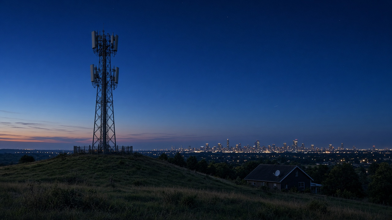 Cell tower with 5G antenna panels on a grassy hill at dusk, a farmhouse with a small satellite dish, and a city skyline glowing on the horizon