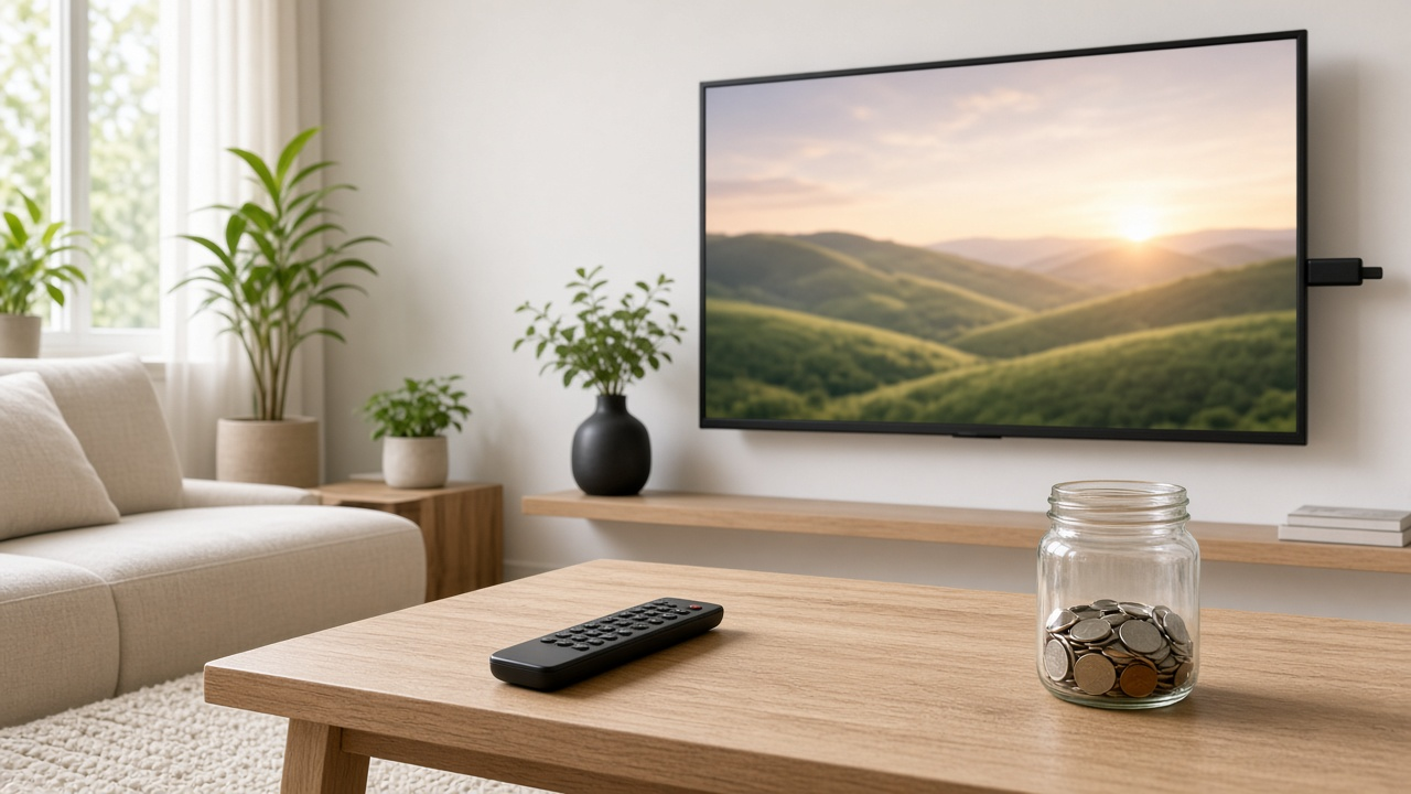 A bright living room with a TV showing green hills at sunrise, a streaming stick, a remote and a jar of coins on a wooden coffee table
