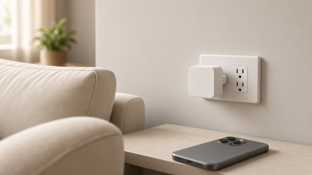 Small white plug-in wireless gateway in a wall outlet near a sofa, with a phone on a side table, soft daylight, no logos