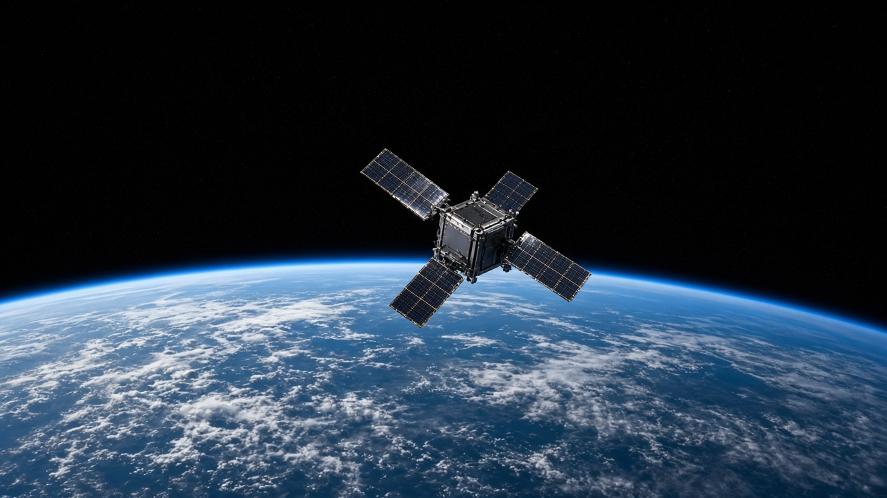 Small cube-shaped test satellite with solar panels orbiting above the blue curve of Earth, no logos