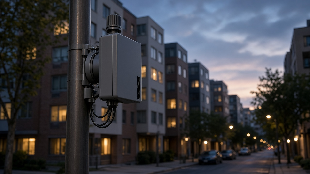 Small-cell 5G antenna on a city light pole at dusk with apartment buildings behind