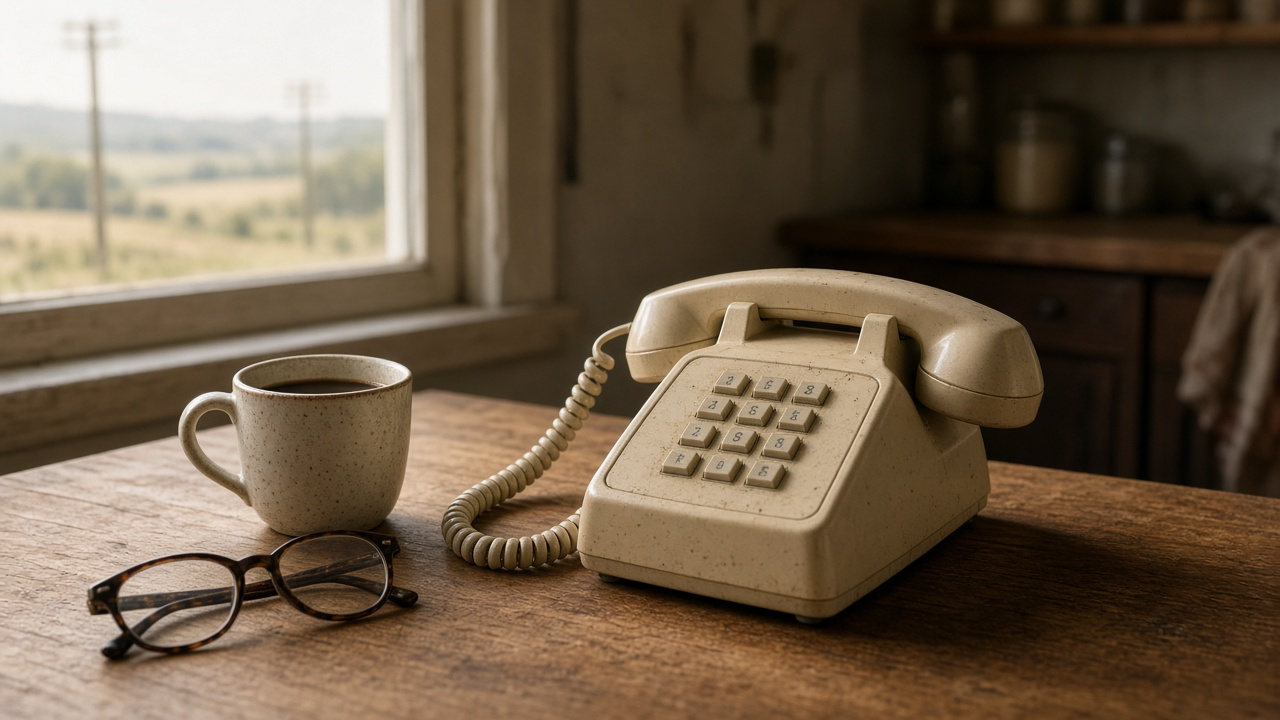 Older corded landline telephone on a wooden kitchen table beside a window in a rural home