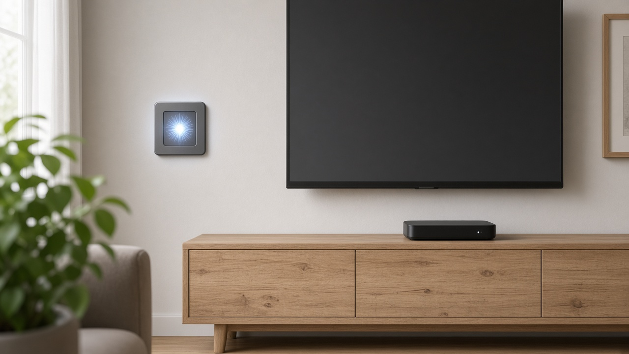 Fiber wall outlet beside a TV streaming device on a living-room media console