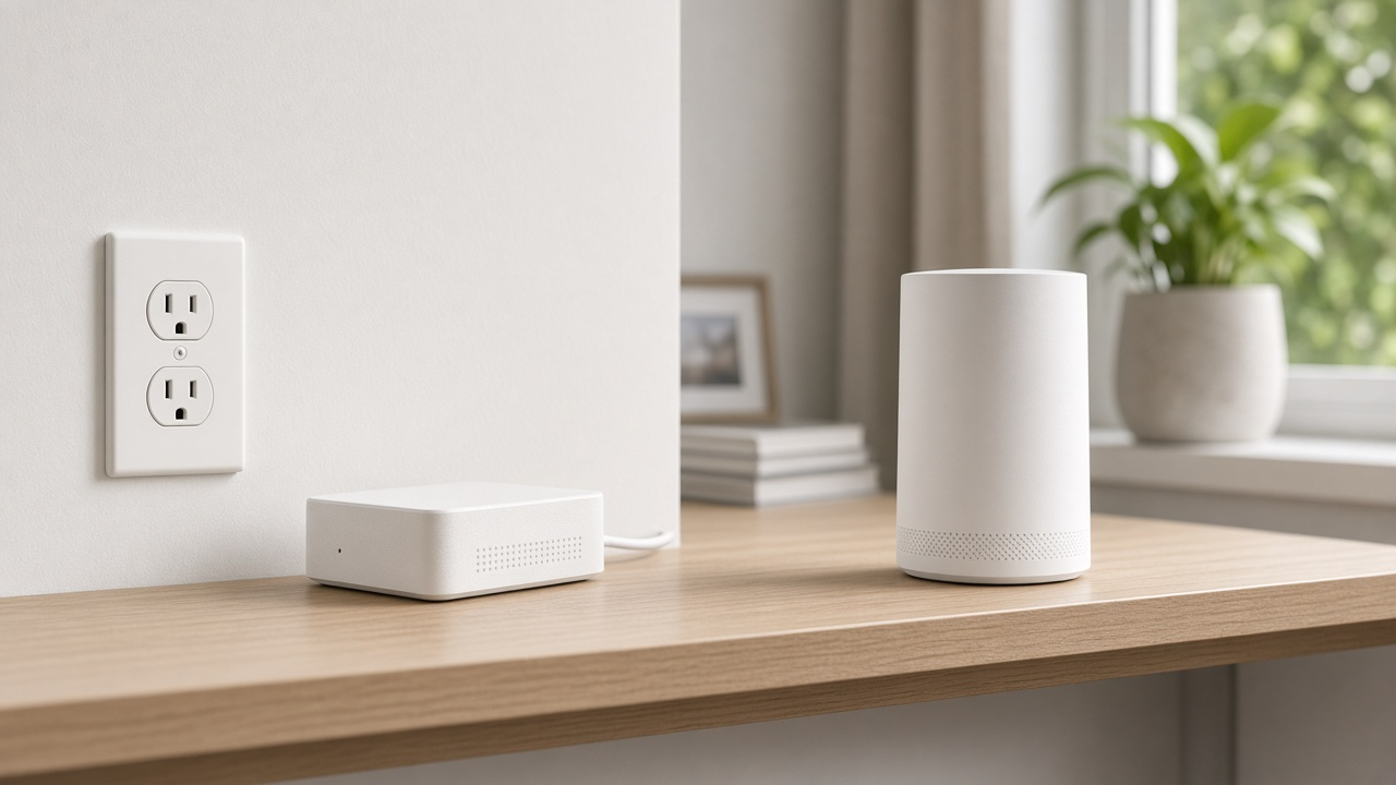 A fiber wall jack with router on one side of a shelf and a plain wireless home gateway near a window on the other, no logos