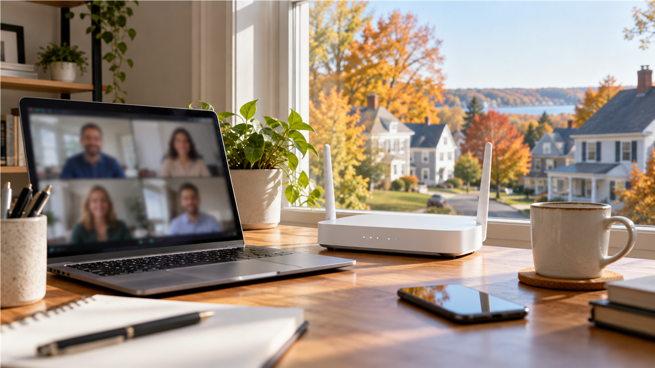 Home office desk with a laptop on a video call and a white Wi-Fi router, a row of suburban houses visible through the window