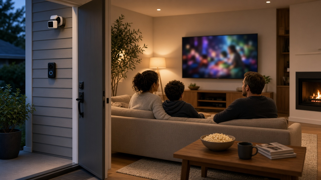 Living room with streaming on a TV and a video doorbell visible by the front door