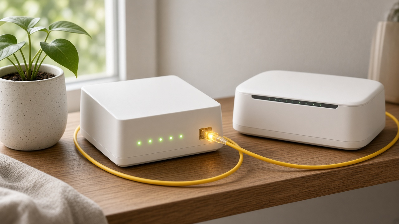 White fiber optical network terminal with green lights connected by a yellow fiber cable to a modern Wi-Fi router on a wooden shelf