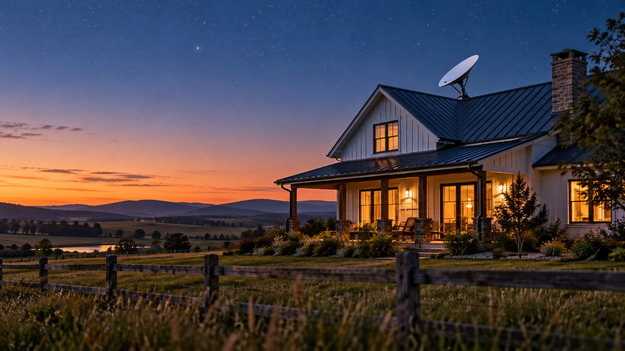 Rural farmhouse at dusk with a roof-mounted satellite dish, warm window light and fields beyond a fence