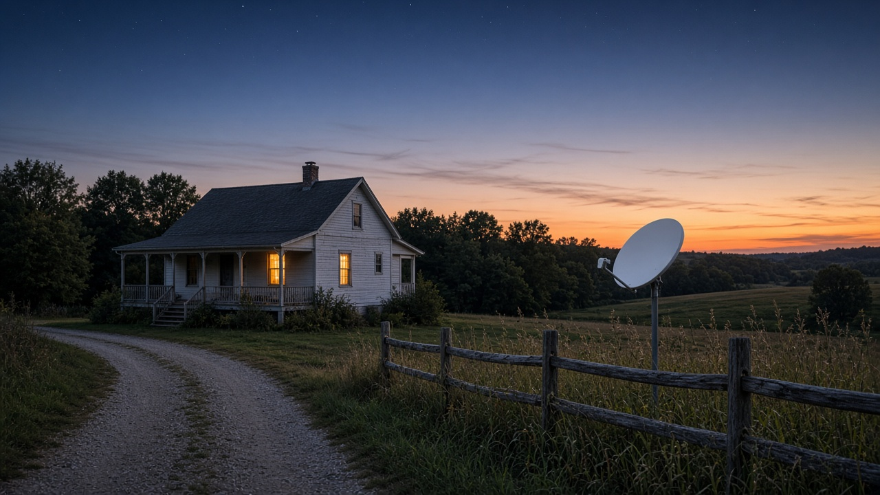 Rural farmhouse at dusk beside a pole-mounted satellite dish and a fence