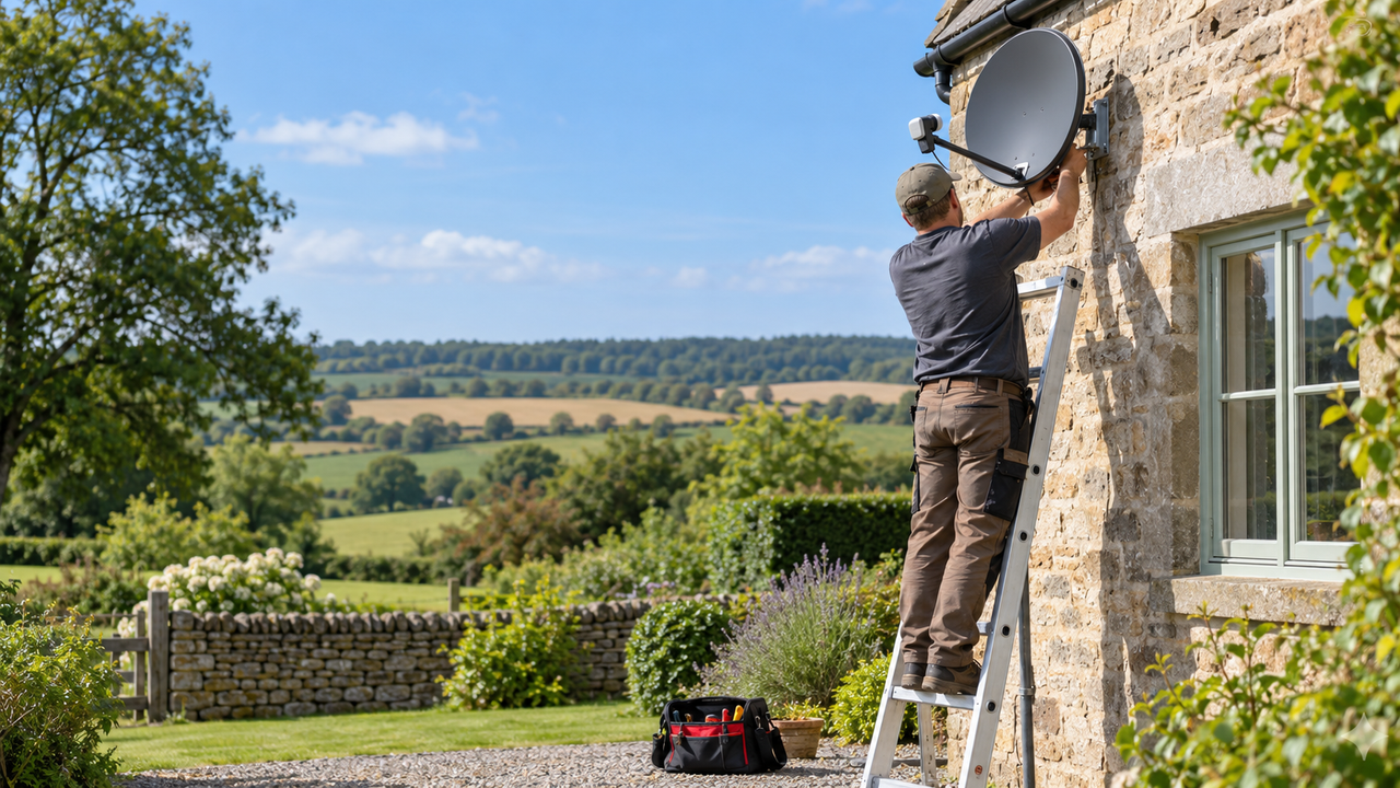 Technician on a ladder mounting a satellite dish on the side of a rural home on a sunny day