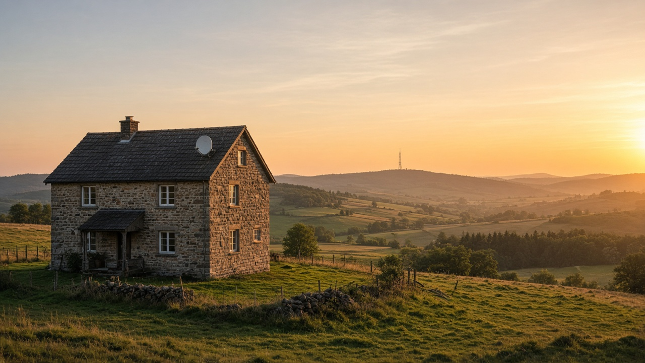 Rural home on a hill with a satellite dish on the roof and a distant cell tower on the ridgeline at sunset, no people or logos