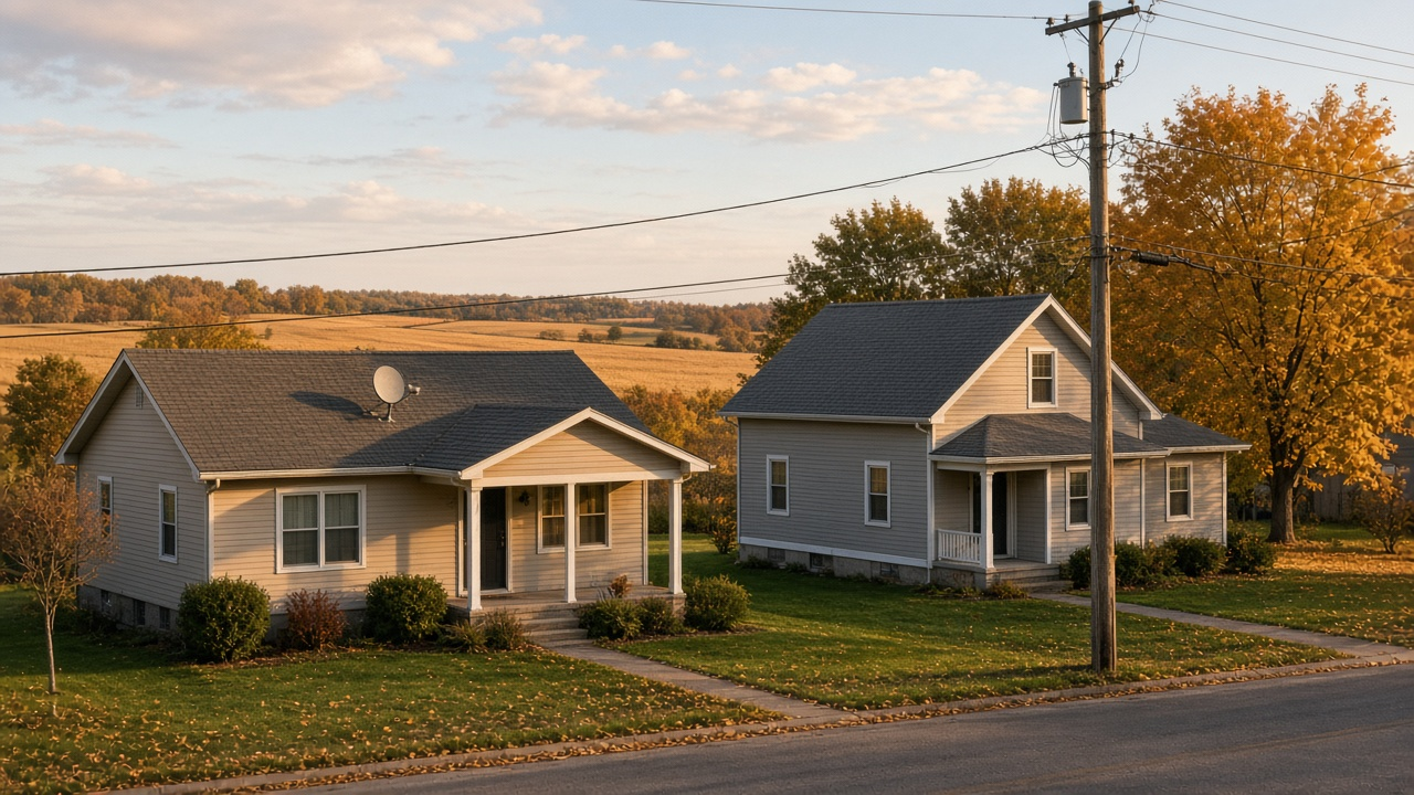 Two neighboring homes at the edge of a Midwestern town, one with a satellite dish on the roof and a cable line on a pole near the other, autumn afternoon, no logos