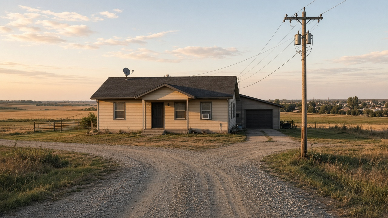 Edge-of-town home at the end of a gravel road with a satellite dish on the roof and a cable line on a utility pole, late afternoon light, no people or logos