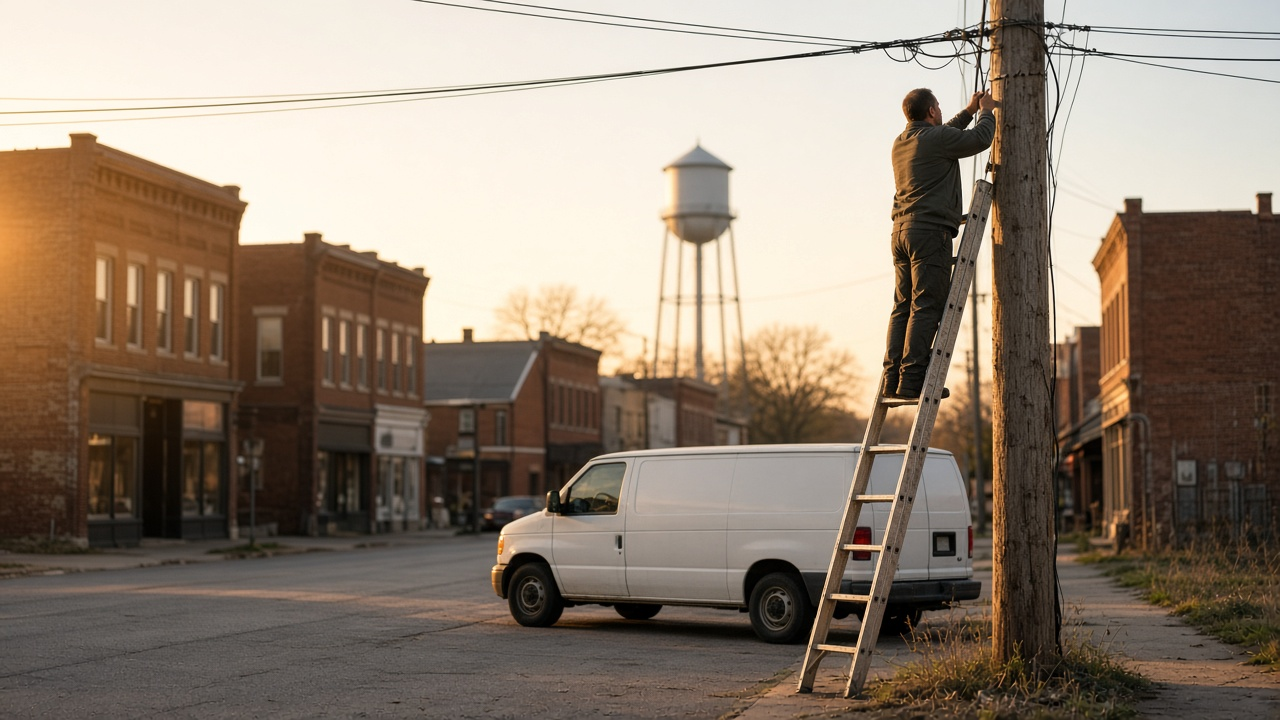 Rural small-town main street at golden hour with a broadband technician's work van parked beside a utility pole and cable lines overhead