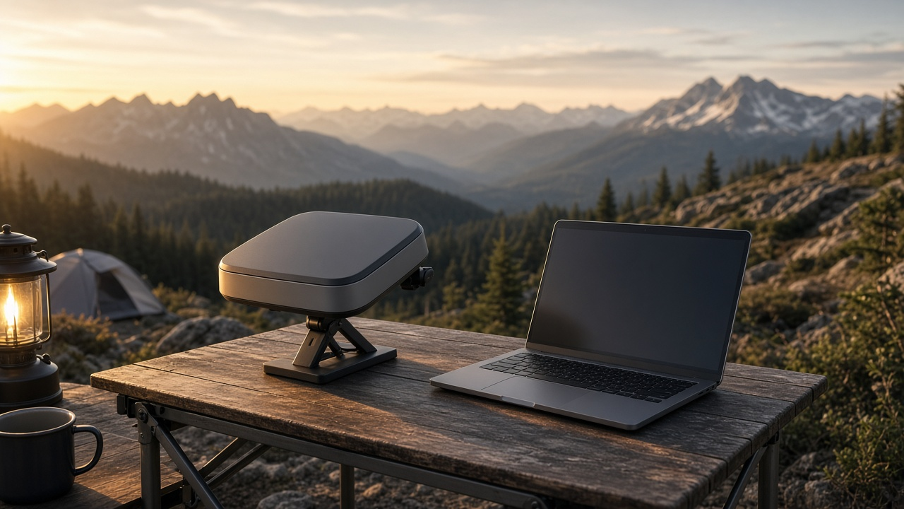 Portable satellite terminal and laptop on a wooden camping table in the mountains