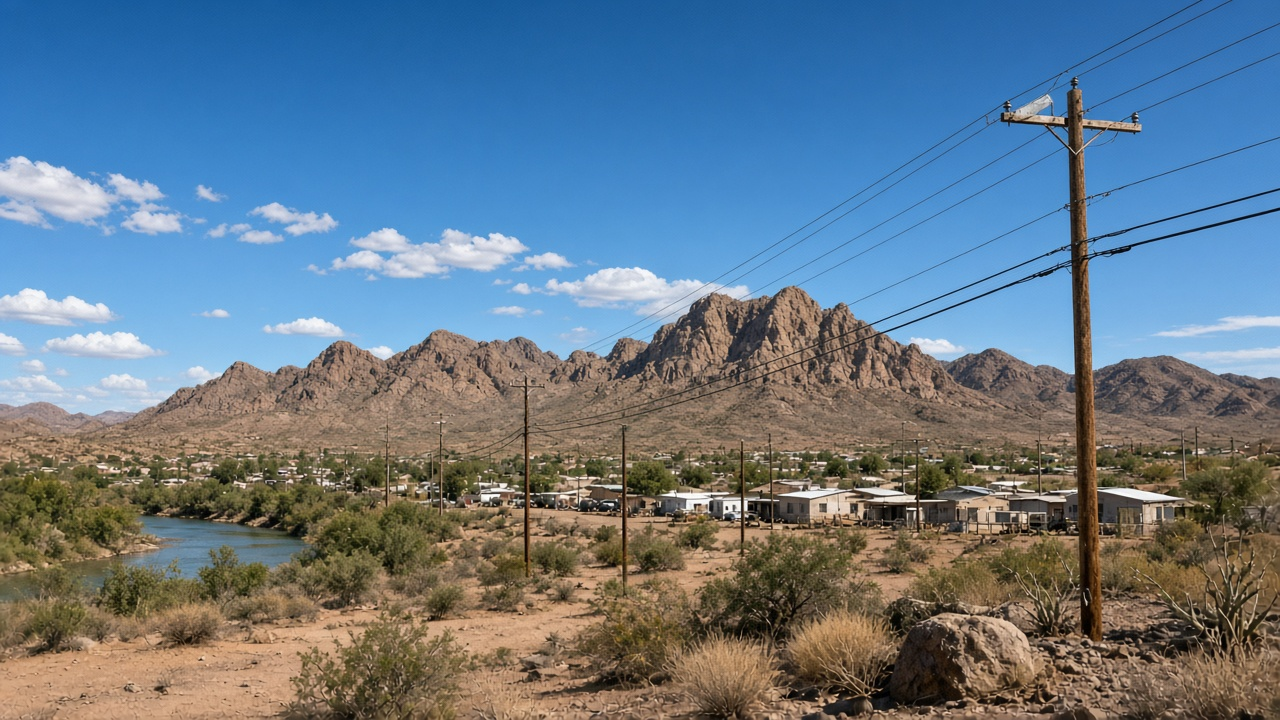 Desert town street with utility poles and fiber lines at golden hour near the Colorado River