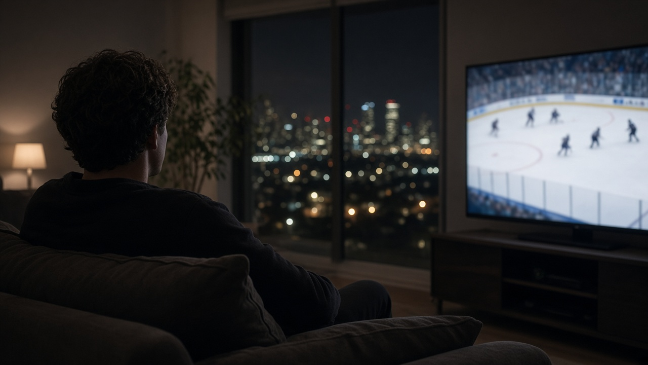 Hockey fan in a Los Angeles living room watching a blurred hockey game on TV at night, city lights through the window, no logos or readable text