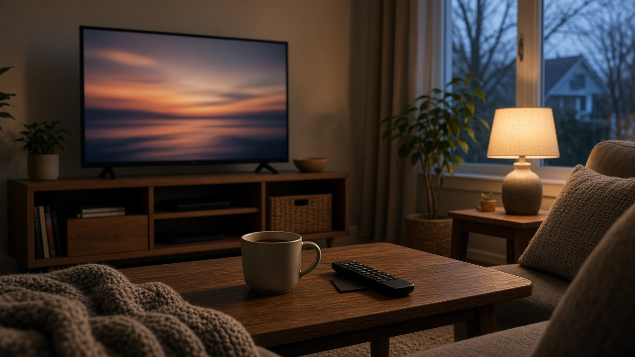 Cozy living room at dusk with a TV on a low console, a remote and a cup of tea on the table, TV screen softly glowing, no people, no readable text or logos