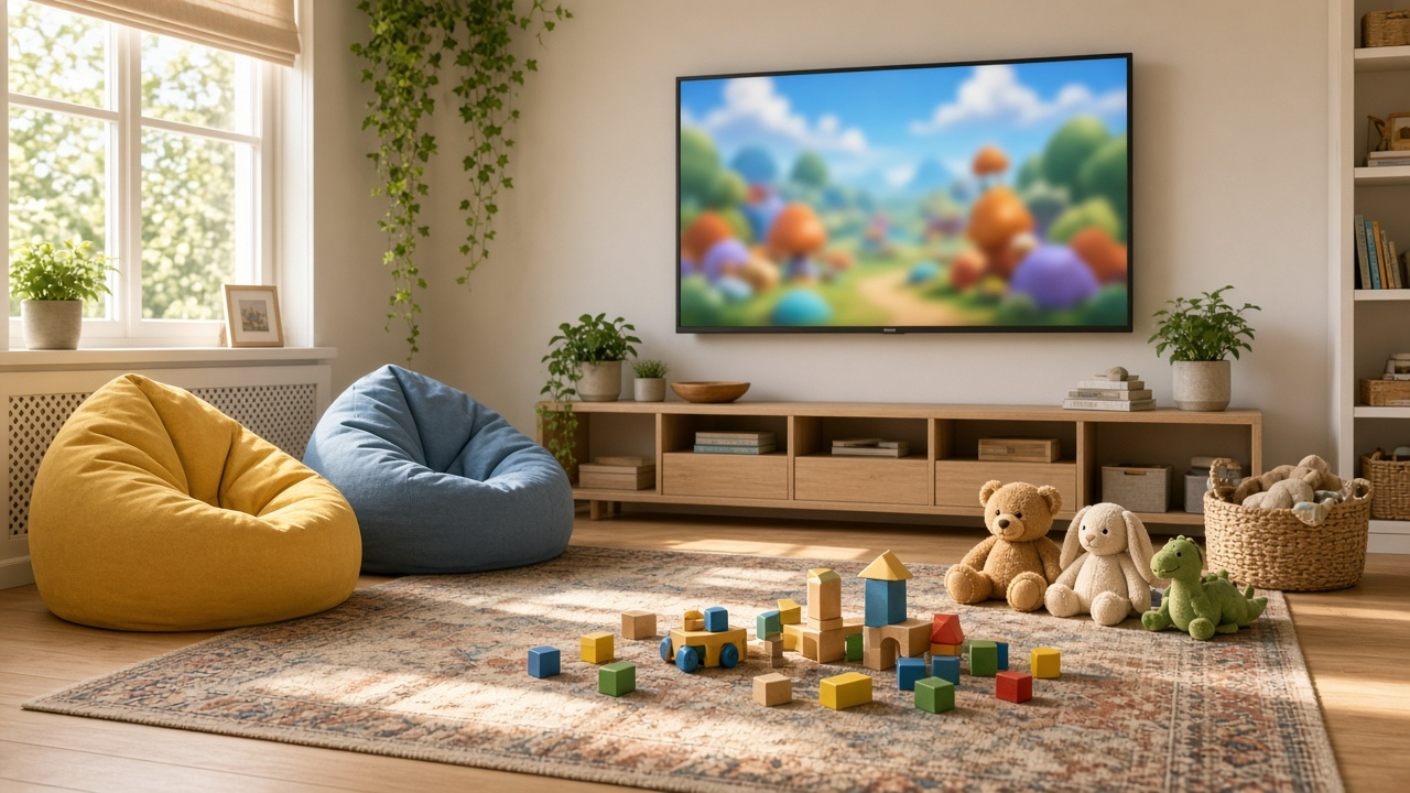 Kids' playroom with a TV showing a blurred colorful cartoon, beanbags and toys on a rug