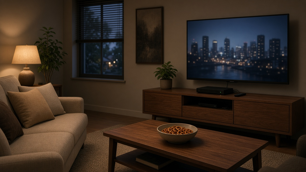 Living room at night with a wall-mounted TV showing a blurred city skyline, a cable box and remote on a walnut console, and a bowl of pretzels on the coffee table