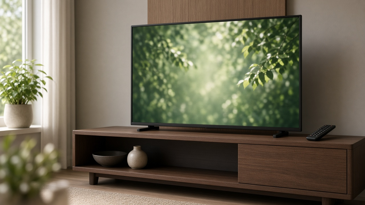 Flat-screen TV on a media console with a remote and soft daylight in a living room, no logos on screen