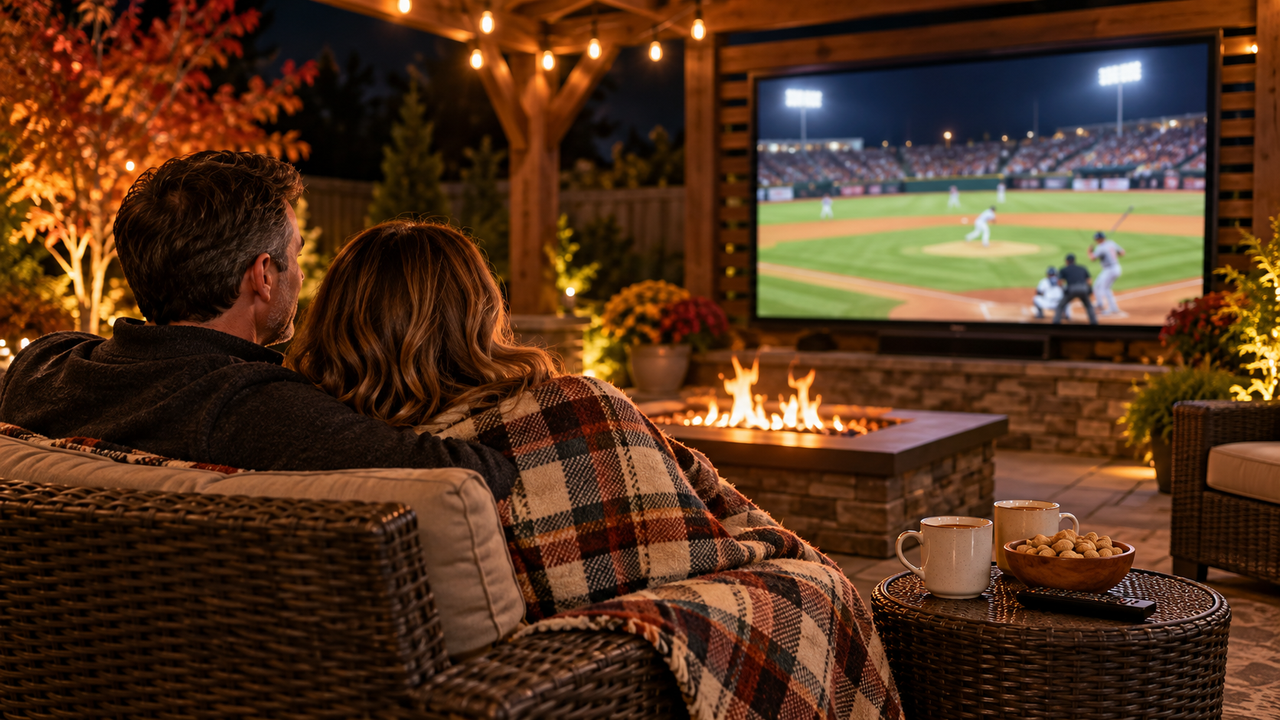 Couple on a backyard patio at night watching a baseball game on an outdoor TV, with string lights, a fire pit and a blanket