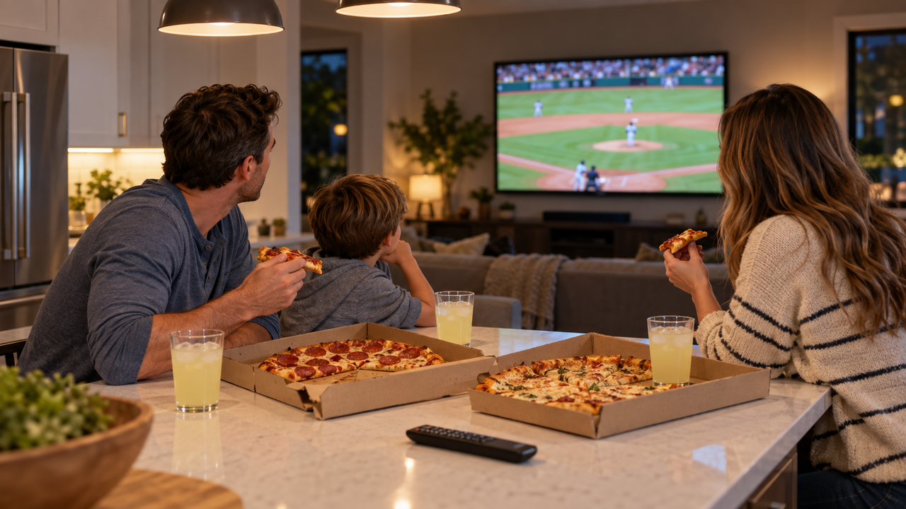 Family at a kitchen island in the evening watching a baseball game on a TV in the next room, with pizza boxes and a voice remote on the counter
