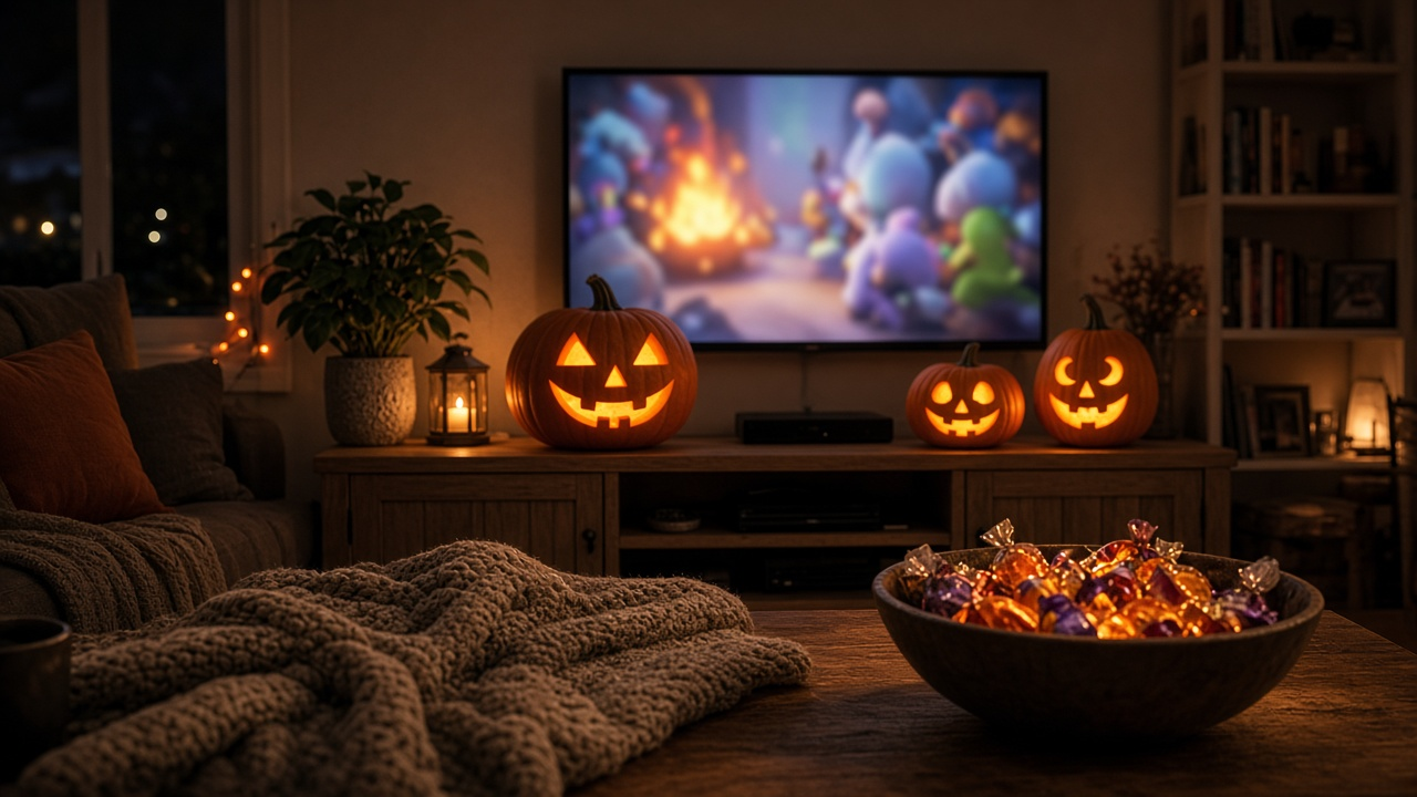 Living room at night decorated for Halloween with a TV showing a blurred animated show, carved pumpkins and a bowl of candy on the coffee table