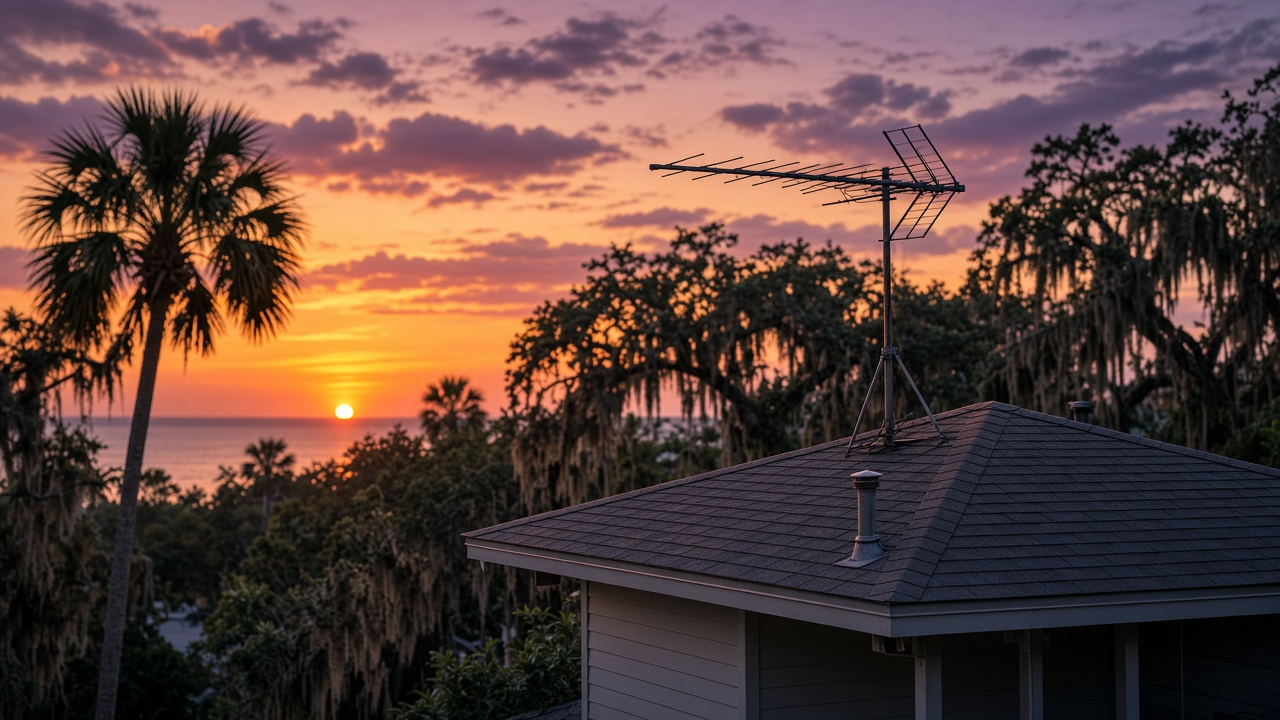 Outdoor TV antenna on the roof of a Gulf Coast home at sunset with palm trees and a warm sky