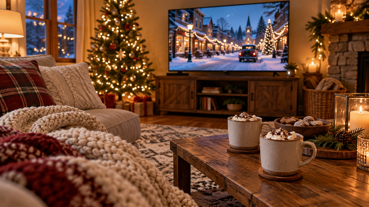 Cozy living room with a TV showing a blurred snowy holiday movie scene, a blanket and mugs of cocoa