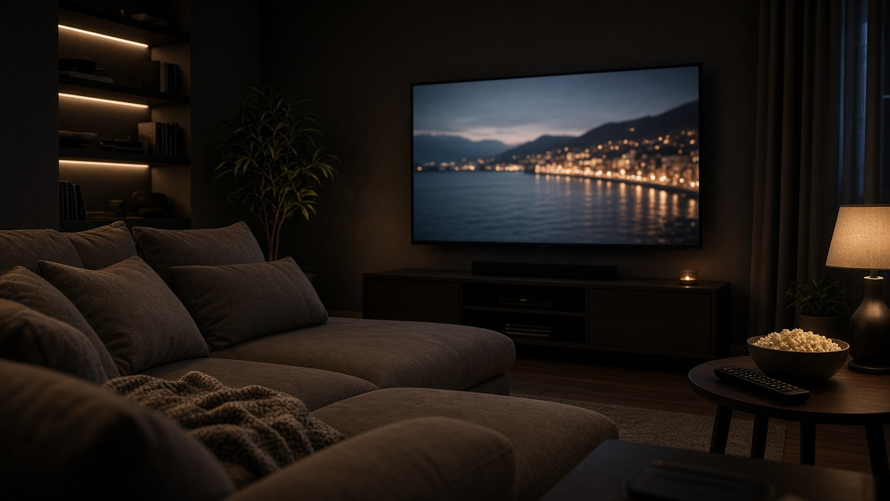 Dark home theater with a large screen glowing with a blurred cinematic scene and a bowl of popcorn