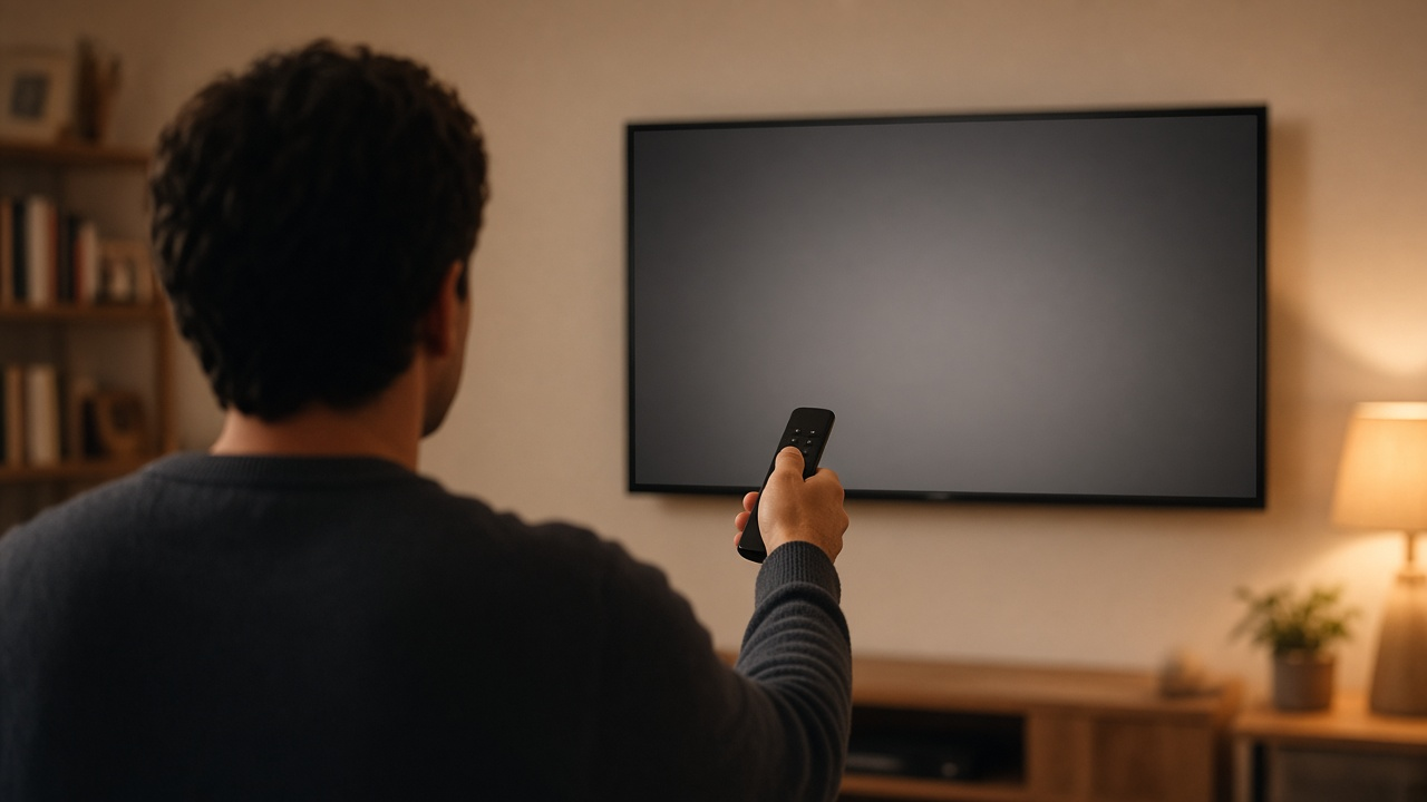 Person holding a TV remote toward a flat-screen television in a living room with warm evening light