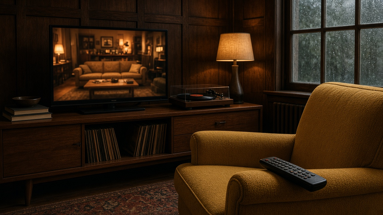 Cozy living room at night with a TV showing a blurred classic sitcom scene, a remote on the sofa and popcorn on the coffee table