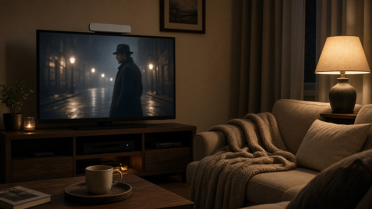 Living room TV showing a blurred crime drama scene with an indoor antenna on the stand beside it, evening lamp light, no logos or readable text