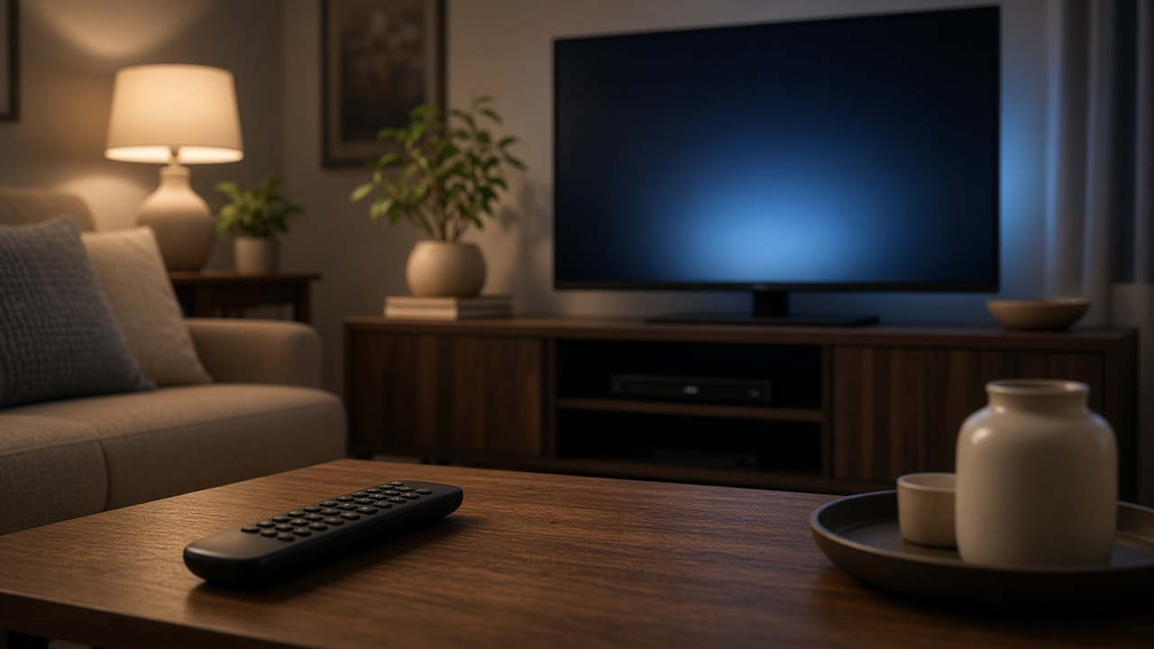 Living room TV remote and blank TV screen with a baseball game atmosphere, sofa and soft evening light