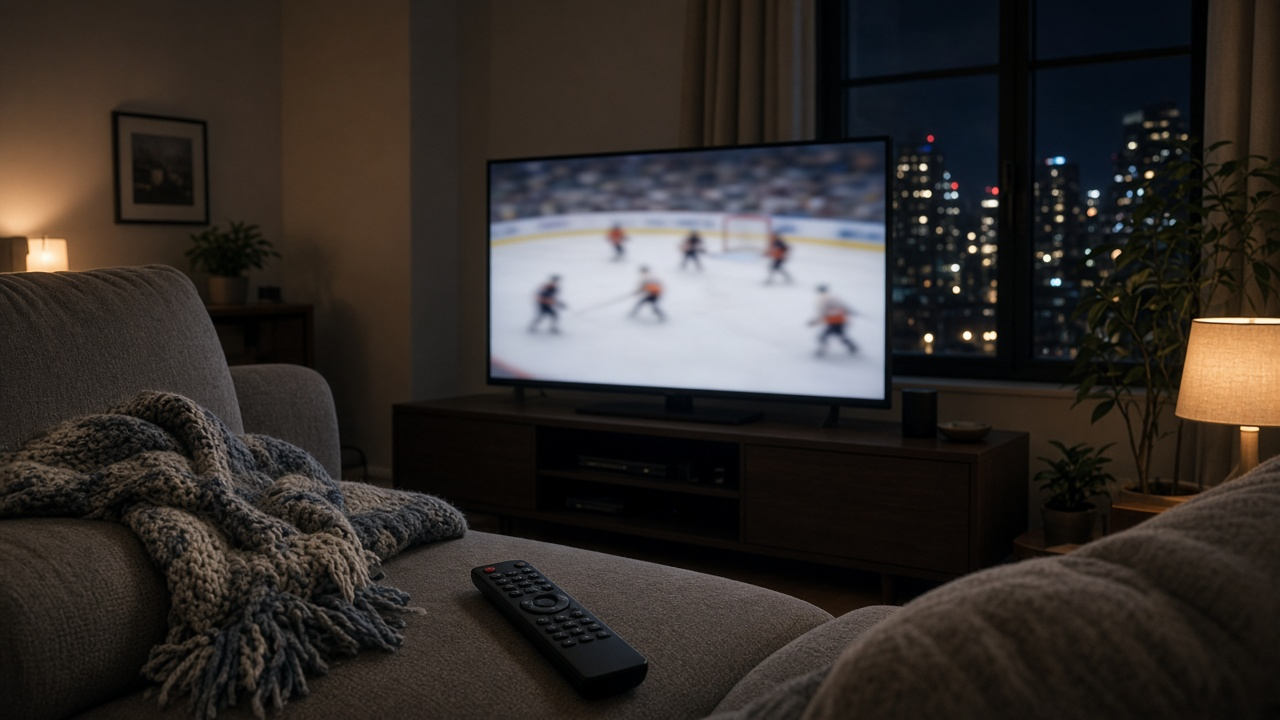 Living room in a city apartment at night with a TV showing a blurred hockey game, a remote and a scarf on the couch