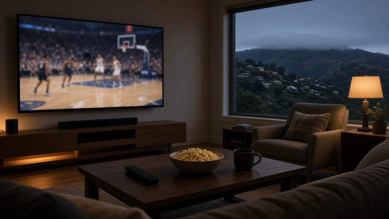Living room in a Bay Area home at dusk with a TV showing a blurred basketball game and fog over hills outside the window
