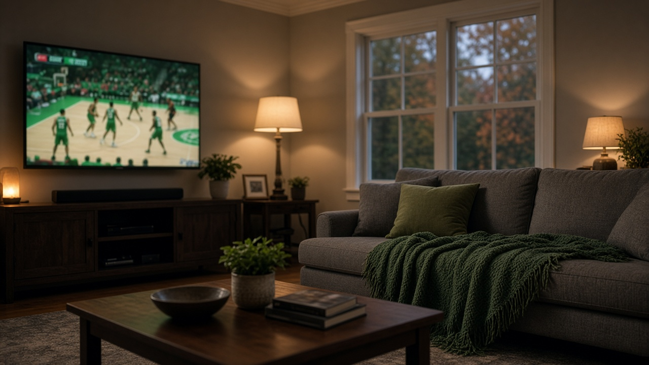 Living room in a New England home with a TV showing a softly blurred basketball game, a green throw blanket on the couch, evening light, no logos or readable text