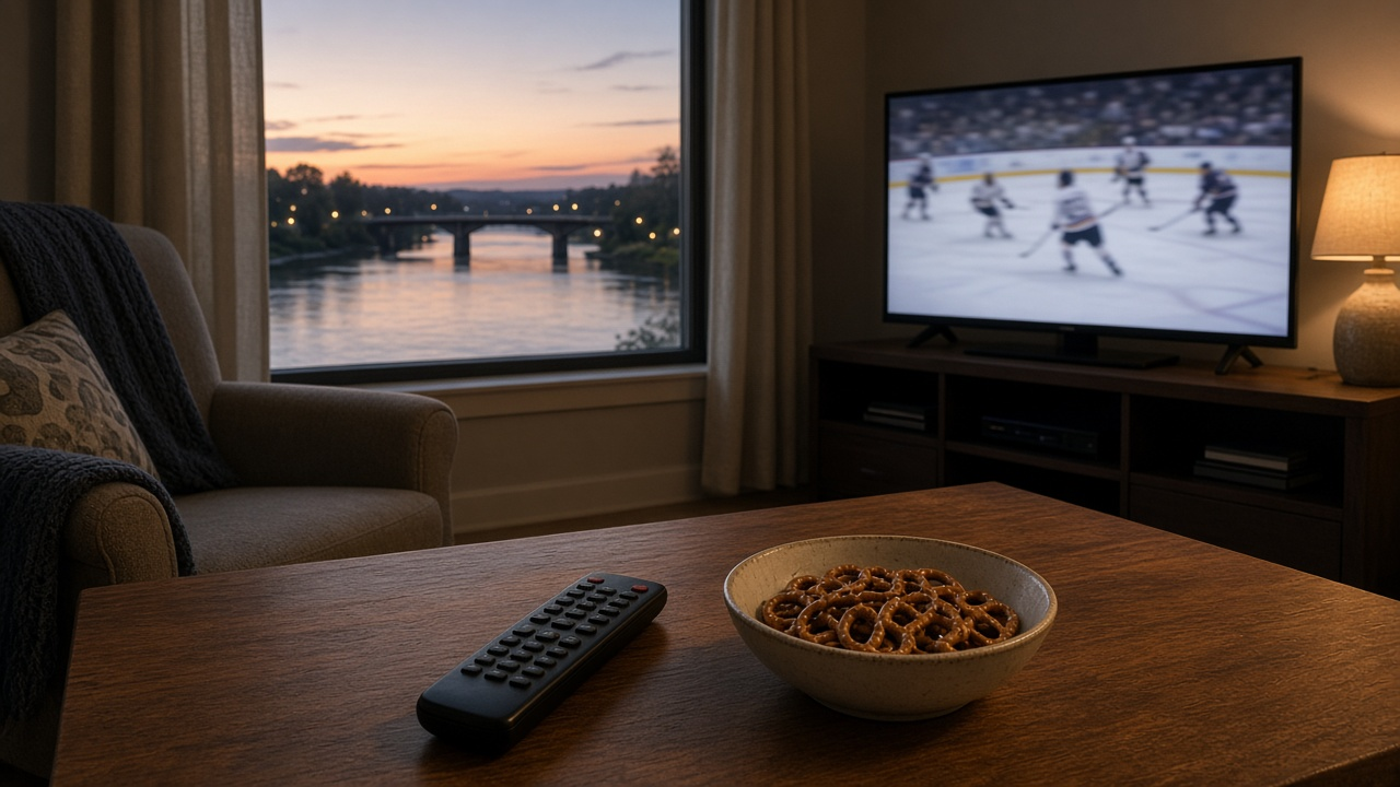 Sacramento-area living room in the evening with a TV showing a blurred hockey game and a river view at dusk through the window