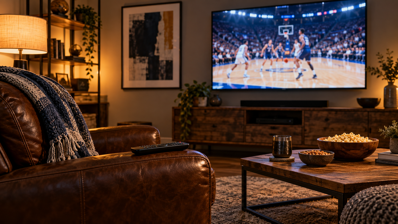 Sports fan's den with a TV showing a blurred basketball game and a remote control on a leather armchair