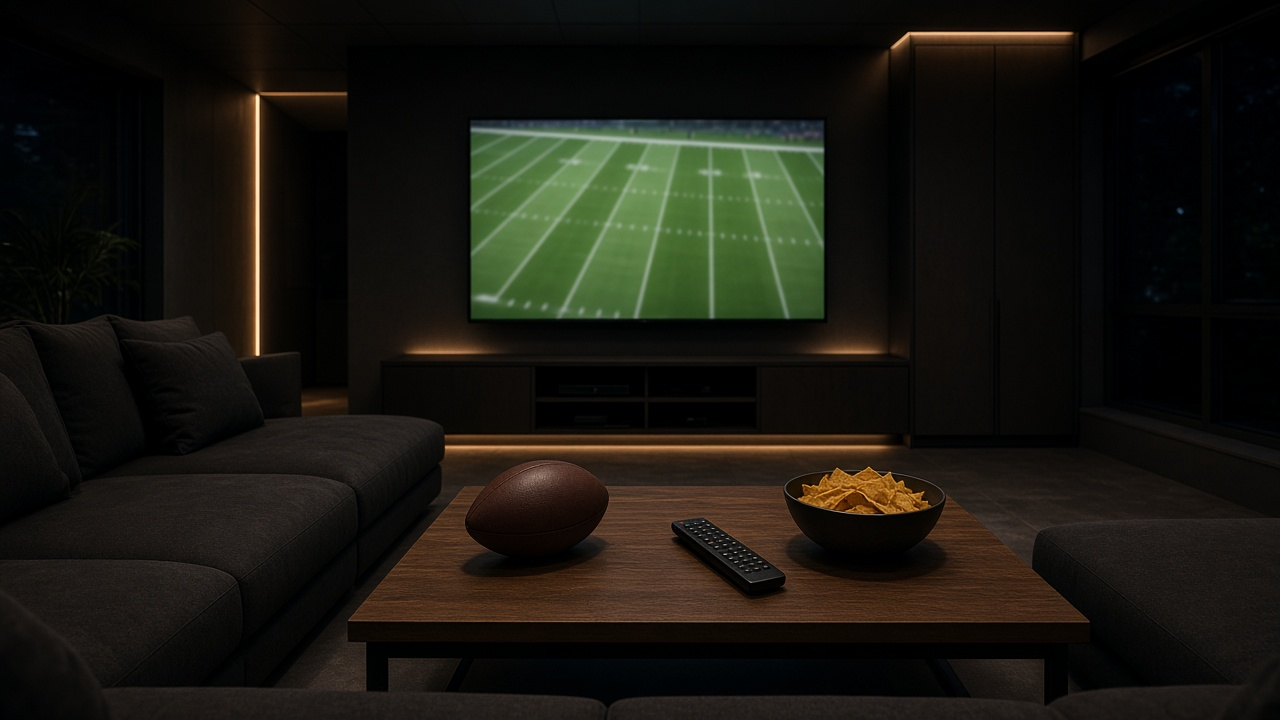 Dark sports den with a TV showing an empty football field, a football, a remote and a bowl of chips on a wooden coffee table
