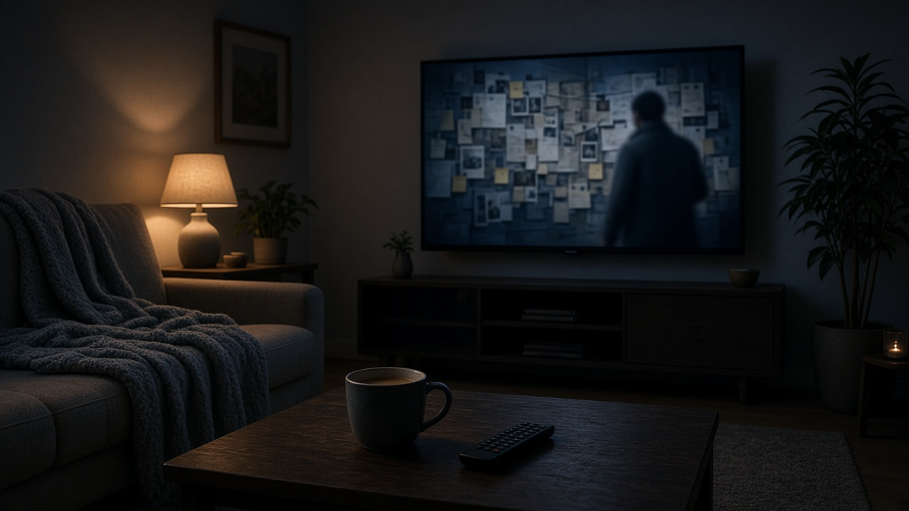 Dim living room at night with a TV showing a blurred crime-scene style image and a mug on the coffee table